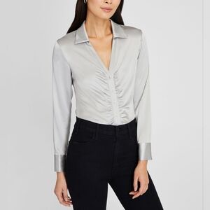 Club Monaco Blouse Silver Gray Washable Silk Long Sleeves Ruched Size S